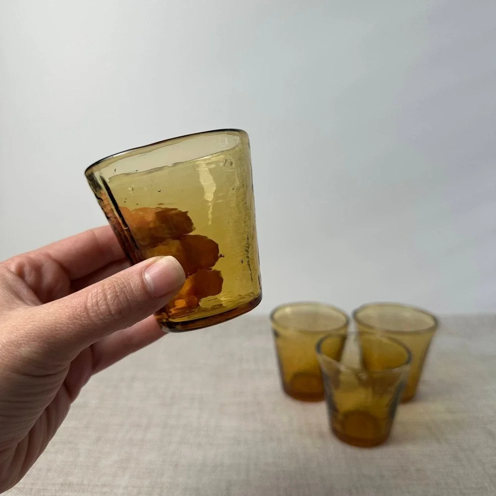 Hand Blown Amber Glass Petite Tumblers Set of 4 Pontil Bubble Art Glass Cups